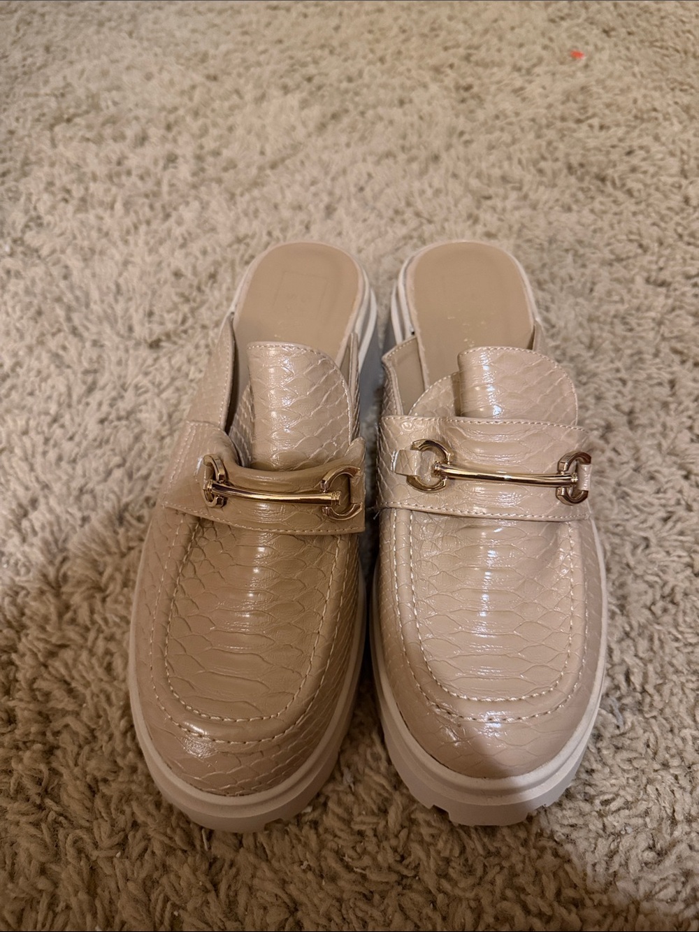 ShuShop Taupe Croc-Embossed Mule Loafers with Gold Bit
